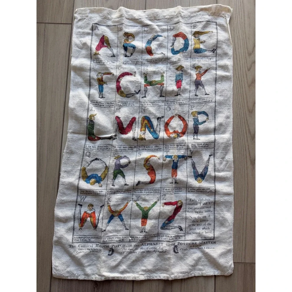 1990 Vintage Carrington Bowles Alphabet Posture Master Tea Towel Cream Linen